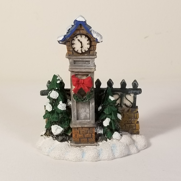 Christmas Village Town Clock Porcelain Accessory by Brick Wall & Pine Trees - Picture 1 of 8